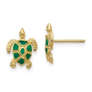 14k Yellow Gold Green Enameled Sea Turtle Post Earrings